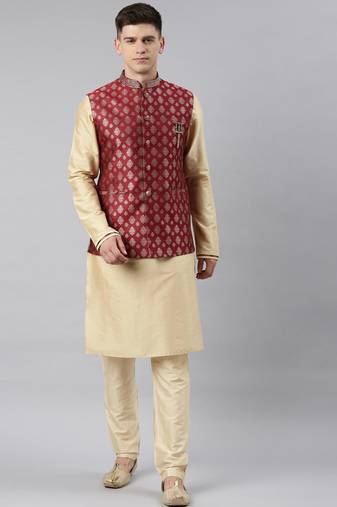 Maroon brocade bundi with gold kurta