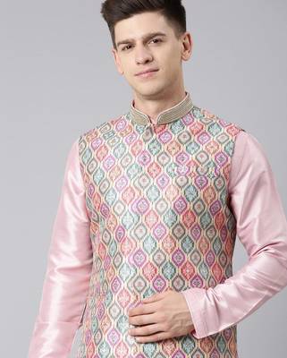 Beige ikat print jacket with pink kurta 1