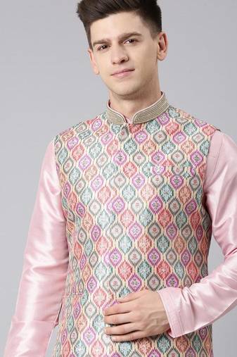 Beige ikat print jacket with pink kurta