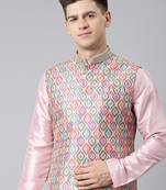 Beige ikat print jacket with pink kurta