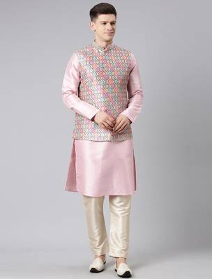 Beige ikat print jacket with pink kurta 2