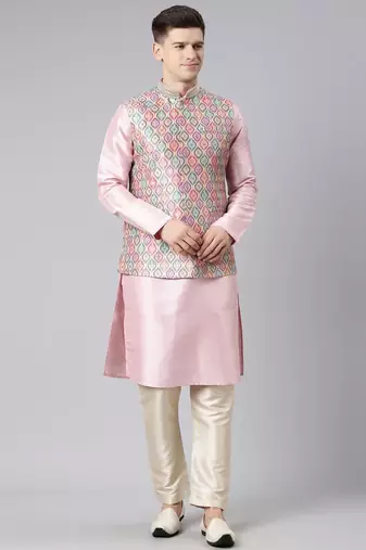 Beige ikat print jacket with pink kurta