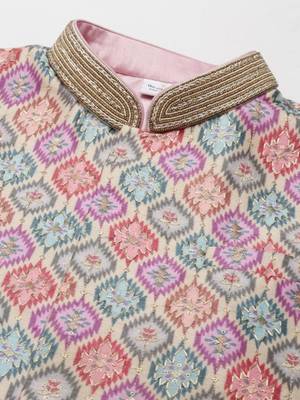 Beige ikat print jacket with pink kurta 3