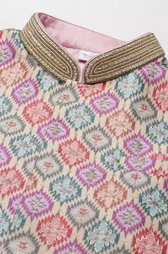 Beige ikat print jacket with pink kurta