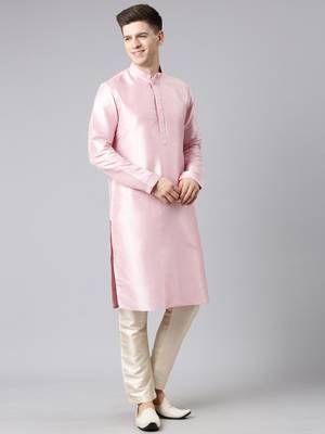 Beige ikat print jacket with pink kurta 4