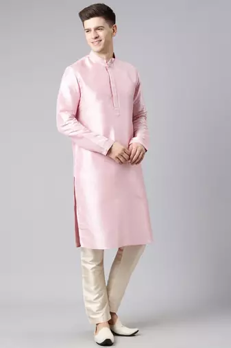 Beige ikat print jacket with pink kurta