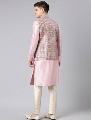 Beige ikat print jacket with pink kurta 5