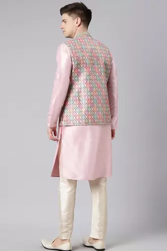 Beige ikat print jacket with pink kurta