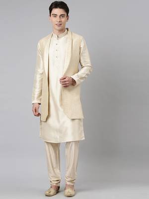 Cream printed lapel style jacket with cream gold motif kurta 1