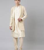 Cream printed lapel style jacket with cream gold motif kurta