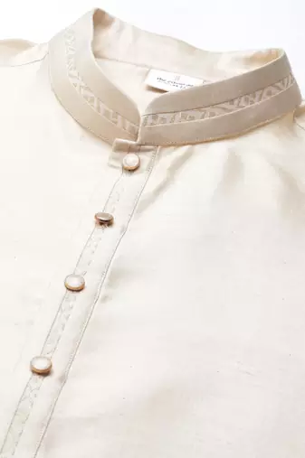 Cream printed lapel style jacket with cream gold motif kurta