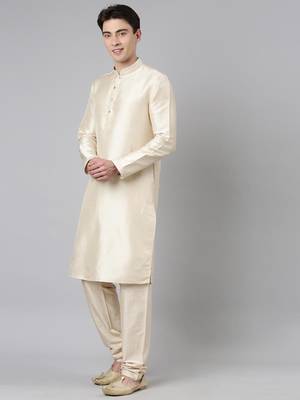 Cream printed lapel style jacket with cream gold motif kurta 3