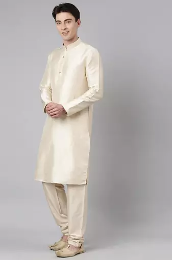 Cream printed lapel style jacket with cream gold motif kurta
