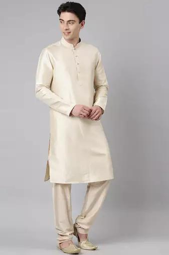 Cream printed lapel style jacket with cream gold motif kurta