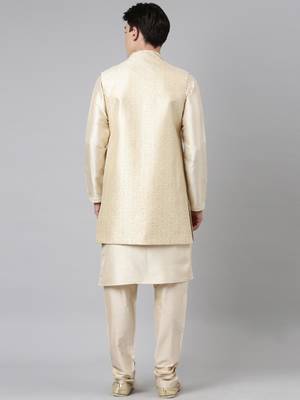 Cream printed lapel style jacket with cream gold motif kurta 5