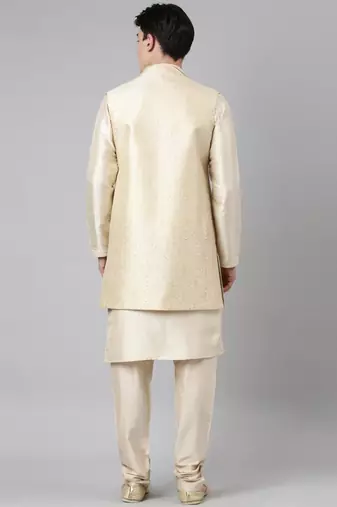 Cream printed lapel style jacket with cream gold motif kurta