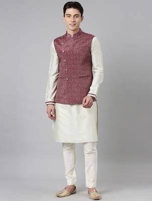 Red printed jacket with green kurta 1