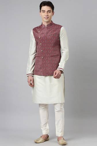 Red printed jacket with green kurta