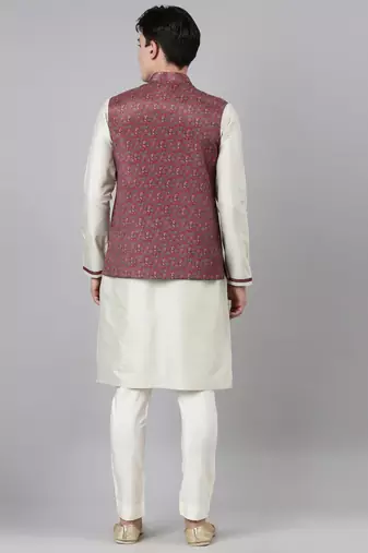 Red printed jacket with green kurta