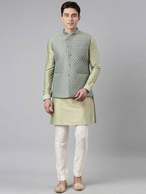 Lime green blue jacquard quilted jacket with green short kurta 1