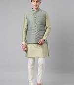 Lime green blue jacquard quilted jacket with green short kurta