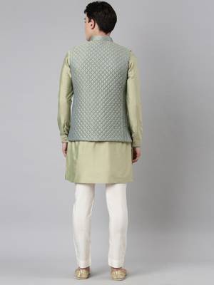 Lime green blue jacquard quilted jacket with green short kurta 5