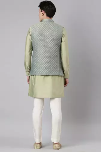 Lime green blue jacquard quilted jacket with green short kurta