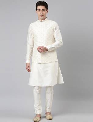 Cream mirror embroidery bundi with kurta set 1