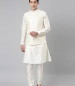 Cream mirror embroidery bundi with kurta set