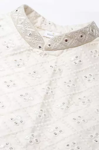 Cream mirror embroidery bundi with kurta set