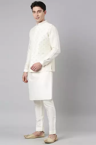 Cream mirror embroidery bundi with kurta set