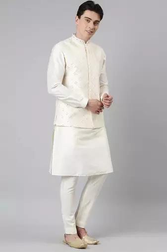 Cream mirror embroidery bundi with kurta set