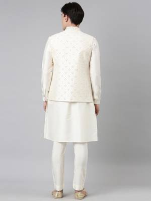 Cream mirror embroidery bundi with kurta set 5