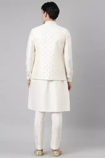 Cream mirror embroidery bundi with kurta set
