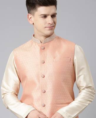Orange jacquard jacket kurta set 1