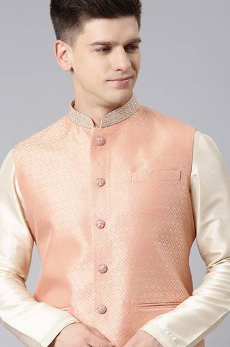 Orange jacquard jacket kurta set
