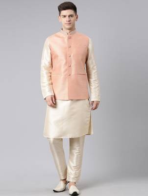 Orange jacquard jacket kurta set 2