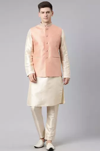 Orange jacquard jacket kurta set