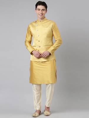 Mustard jacquard jacket with kurta set 1