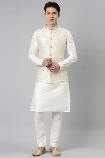 Ivory gold jacquard jacket with gold kurta