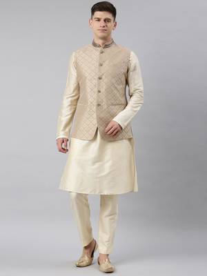 Beige gold jacquard jacket w ivory kurta 1