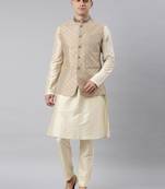 Beige gold jacquard jacket w ivory kurta