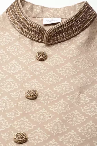 Beige gold jacquard jacket w ivory kurta