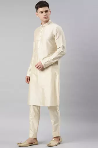Beige gold jacquard jacket w ivory kurta