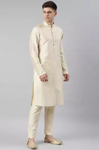Beige gold jacquard jacket w ivory kurta