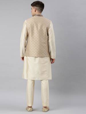 Beige gold jacquard jacket w ivory kurta 5