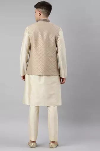 Beige gold jacquard jacket w ivory kurta