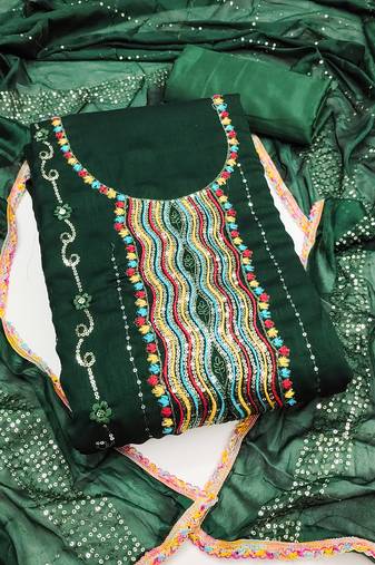 Women's dark green embroidered dress material