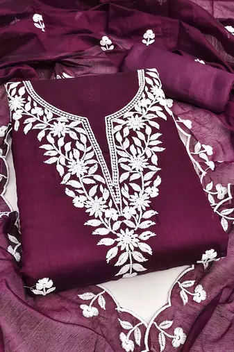 Women's wine embroidered dress material