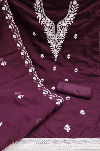 Women's wine embroidered dress material